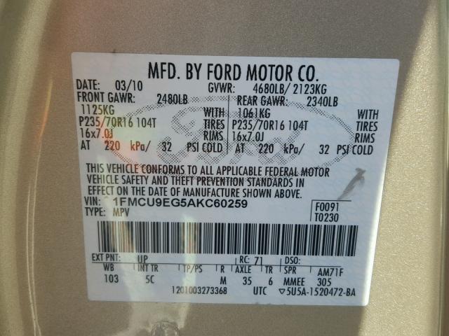 1FMCU9EG5AKC60259 - 2010 FORD ESCAPE LIM GOLD photo 10