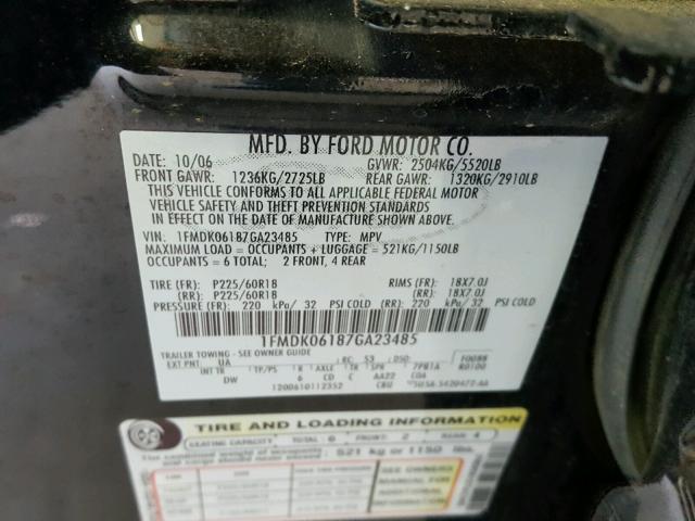 1FMDK06187GA23485 - 2007 FORD FREESTYLE BLACK photo 10