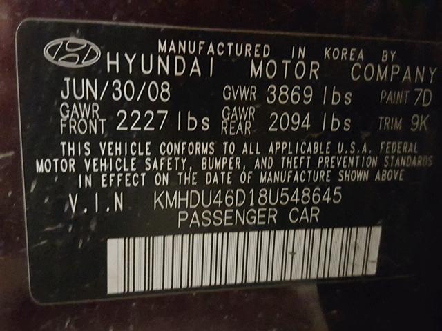 KMHDU46D18U548645 - 2008 HYUNDAI ELANTRA GL PURPLE photo 10