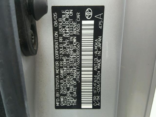 JTKDE177660085567 - 2006 TOYOTA SCION TC 银色 照片 10