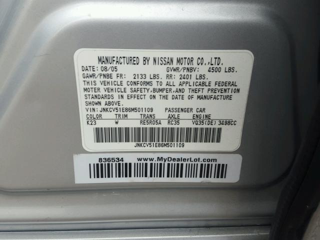 JNKCV51E86M501109 - 2006 INFINITI G35 SILVER photo 10