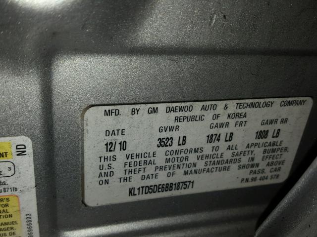 KL1TD5DE6BB187571 - 2011 CHEVROLET AVEO LS SILVER photo 10