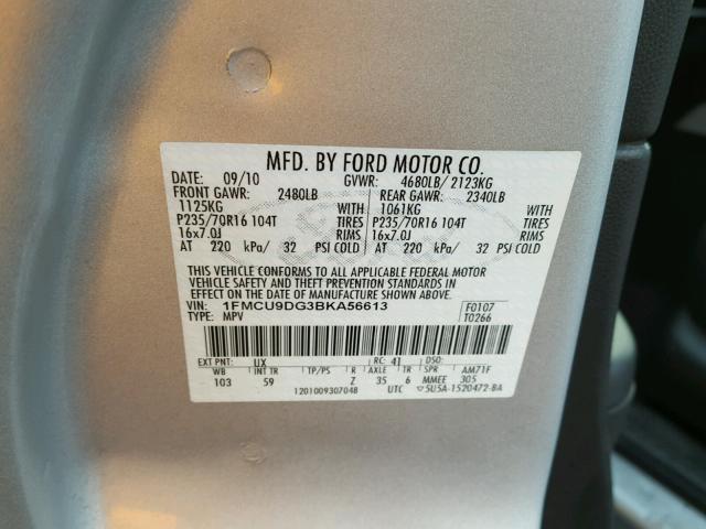 1FMCU9DG3BKA56613 - 2011 FORD ESCAPE XLT SILVER photo 10