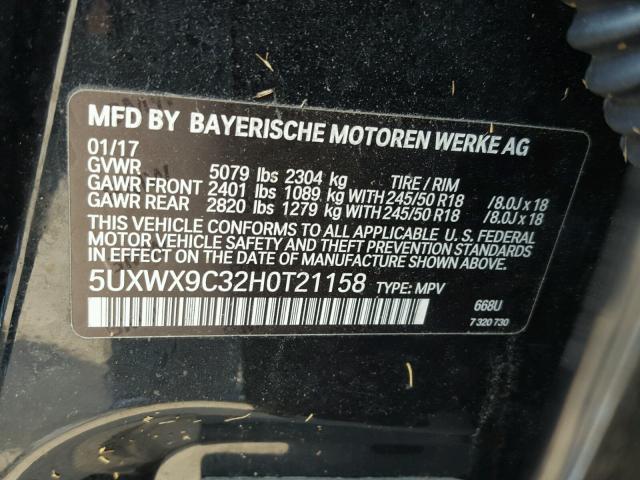 5UXWX9C32H0T21158 - 2017 BMW X3 XDRIVE2 BLACK photo 10
