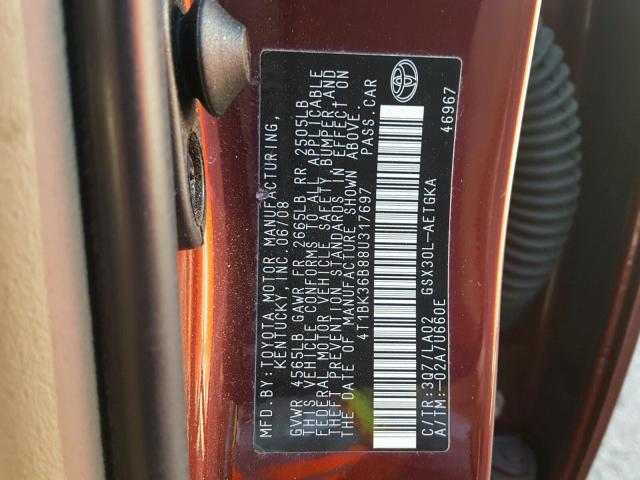 4T1BK36B88U317697 - 2008 TOYOTA AVALON XL MAROON photo 10