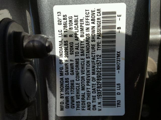 19XFB2F89DE215712 - 2013 HONDA CIVIC EX გრაფიტი ფოტო 10