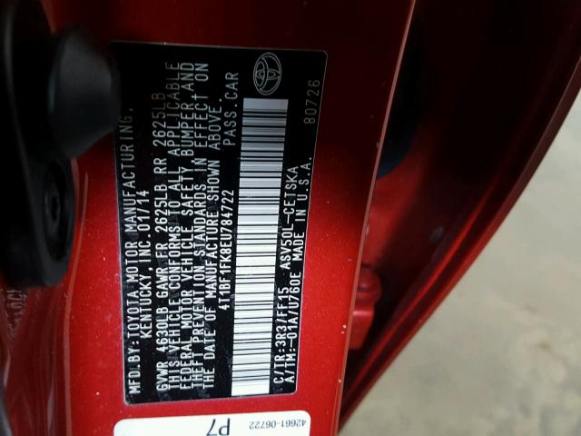 4T1BF1FK8EU784722 - 2014 TOYOTA CAMRY L RED photo 10