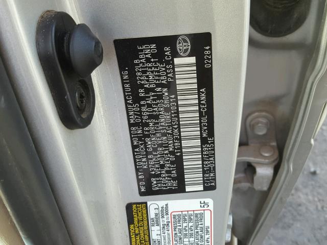 4T1BF30K45U110314 - 2005 TOYOTA CAMRY LE SILVER photo 10