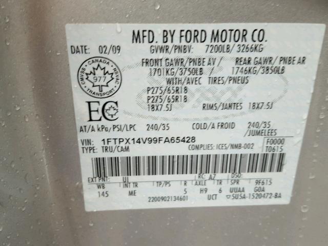 1FTPX14V99FA65428 - 2009 FORD F150 SUPER SILVER photo 10