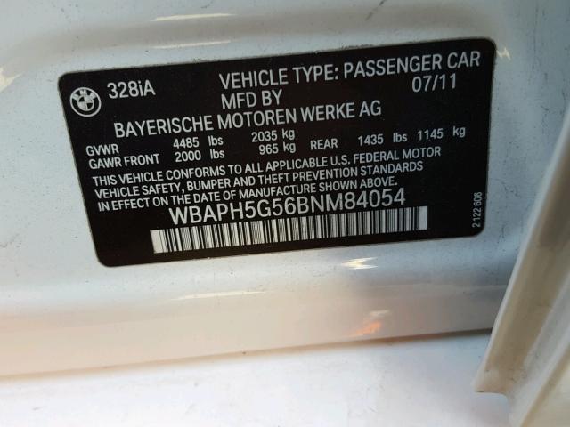 WBAPH5G56BNM84054 - 2011 BMW 328 I SULE WHITE photo 10