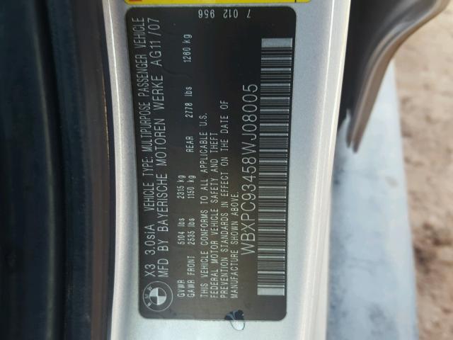 WBXPC93458WJ08005 - 2008 BMW X3 3.0SI SILVER photo 10