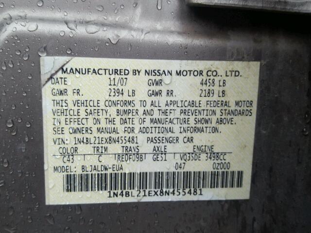 1N4BL21EX8N455481 - 2008 NISSAN ALTIMA 3.5 GRAY photo 10