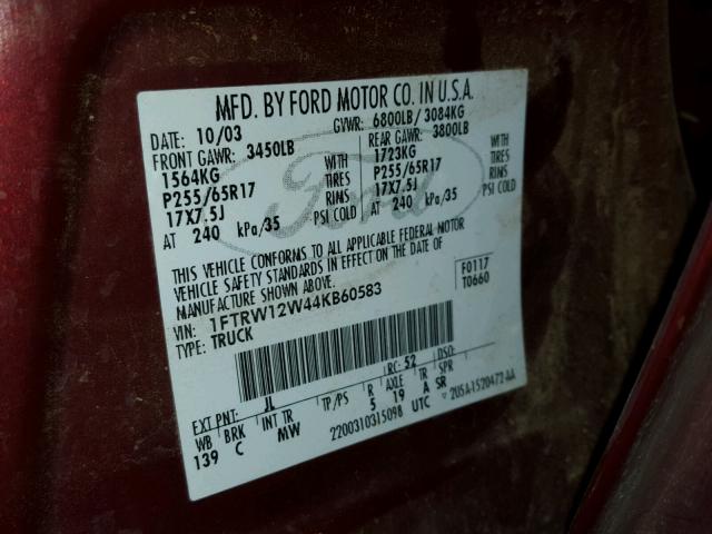 1FTRW12W44KB60583 - 2004 FORD F150 SUPER MAROON photo 10