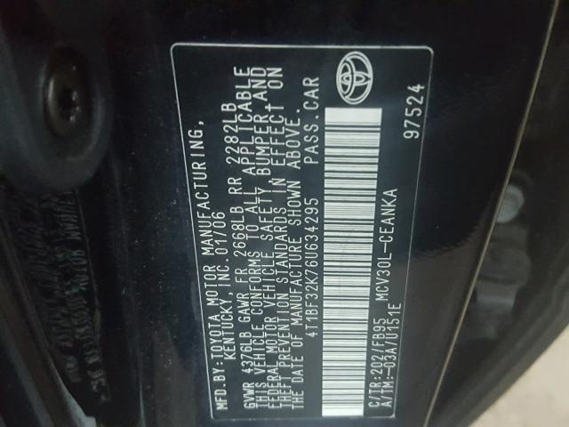 4T1BF32K76U634295 - 2006 TOYOTA CAMRY LE შავი ფოტო 10