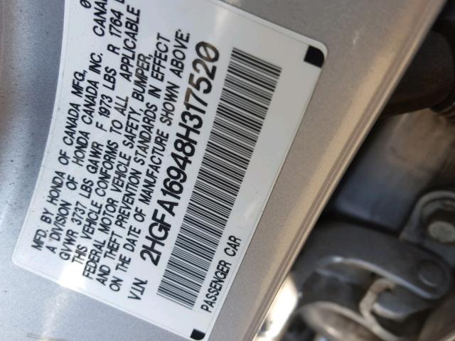 2HGFA16948H317520 - 2008 HONDA CIVIC EXL 银色 照片 10