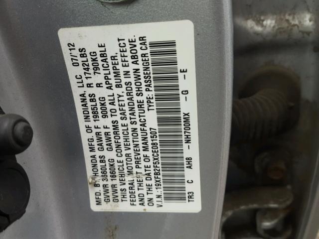 19XFB2F5XCE081507 - 2012 HONDA CIVIC LX SILVER photo 10