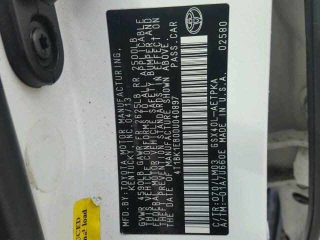 4T1BK1EB0DU040897 - 2013 TOYOTA AVALON BAS WHITE photo 10