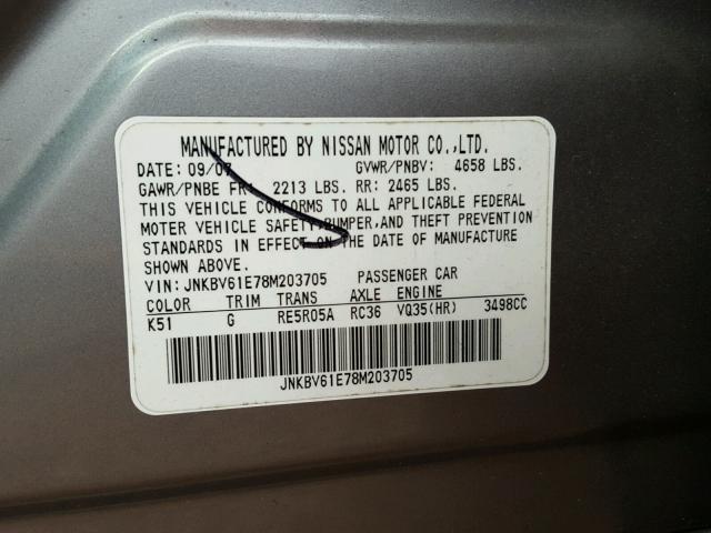 JNKBV61E78M203705 - 2008 INFINITI G35 GRAY photo 10