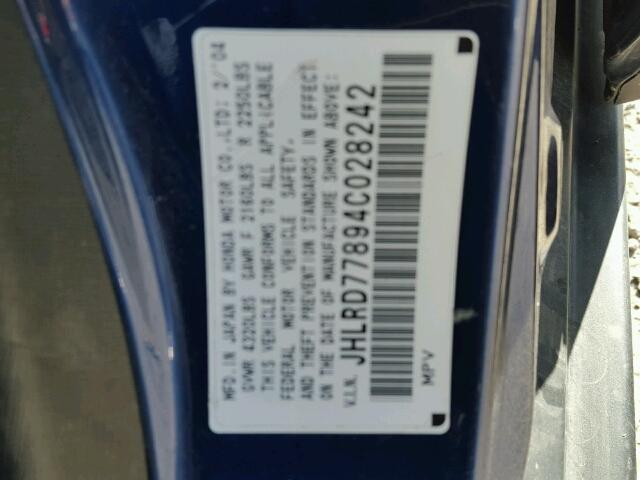 JHLRD77894C028242 - 2004 HONDA CR-V EX ლურჯი ფოტო 10