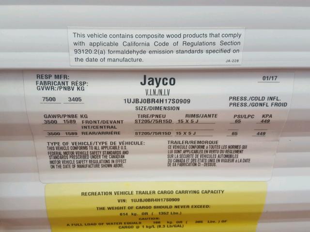 1UJBJ0BR4H17S0909 - 2017 JAYC JAYCO WHITE photo 10