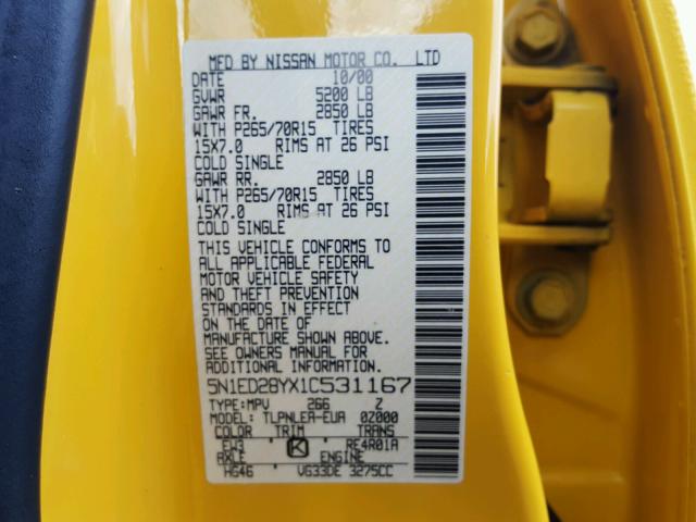 5N1ED28YX1C531167 - 2001 NISSAN XTERRA XE YELLOW photo 10