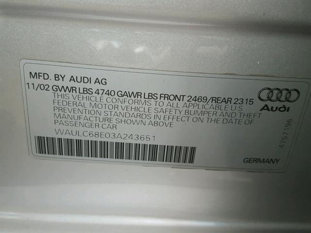 WAULC68E03A243651 - 2003 AUDI A4 1.8T QU SILVER photo 10