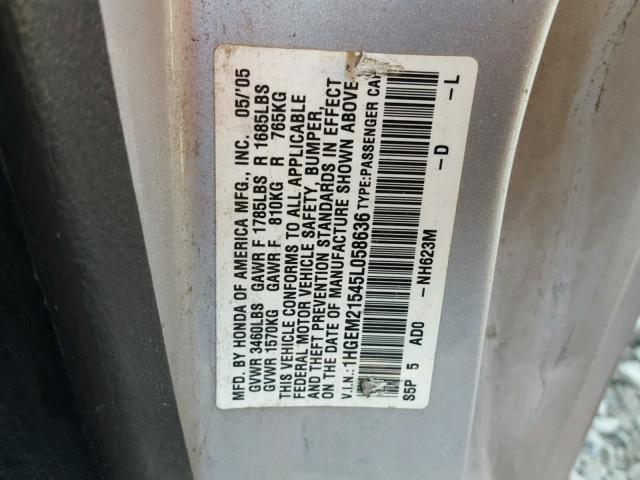 1HGEM21545L058636 - 2005 HONDA CIVIC LX SILVER photo 10