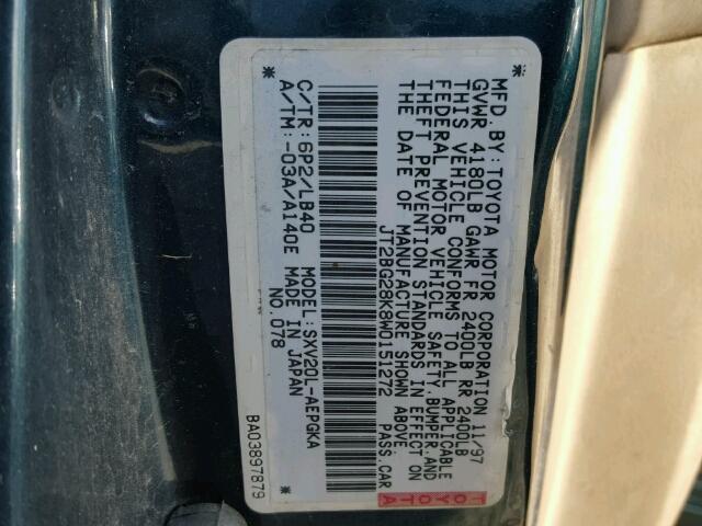 JT2BG28K8W0151272 - 1998 TOYOTA CAMRY LE GREEN photo 10