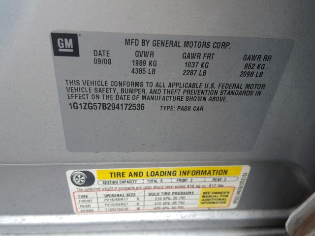 1G1ZG57B294172536 - 2009 CHEVROLET MALIBU LS SILVER photo 10
