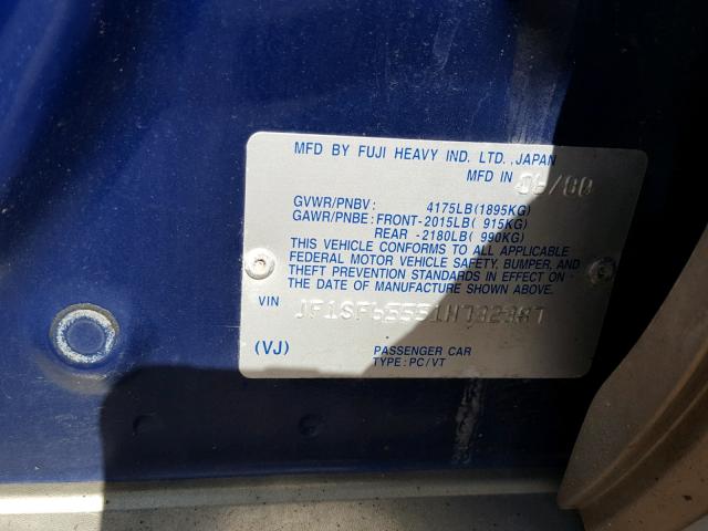 JF1SF65551H732387 - 2001 SUBARU FORESTER S BLUE photo 10