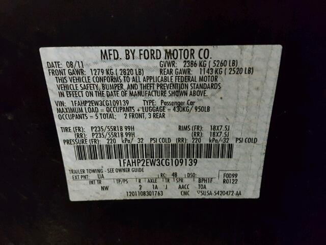 1FAHP2EW3CG109139 - 2012 FORD TAURUS SEL BLACK photo 10