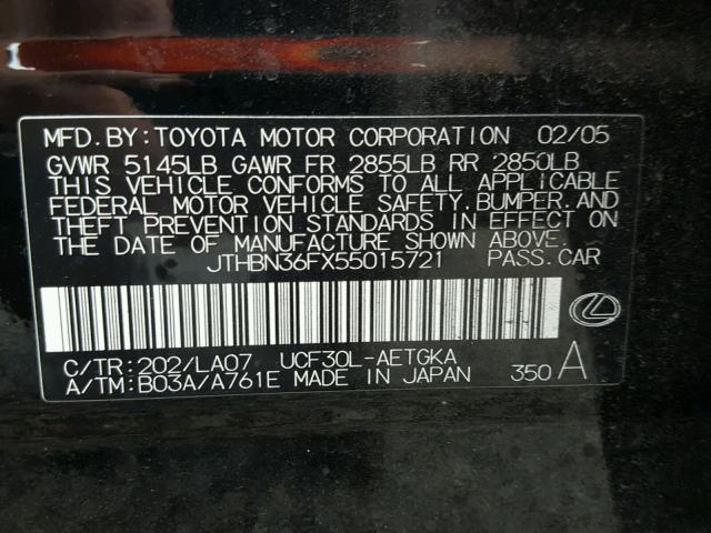 JTHBN36FX55015721 - 2005 LEXUS LS 430 BLACK photo 10