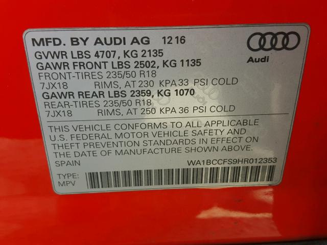 WA1BCCFS9HR012353 - 2017 AUDI Q3 RED photo 10