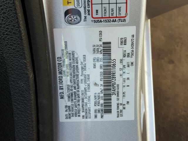 3FAHP07Z89R110655 - 2009 FORD FUSION SE SILVER photo 10