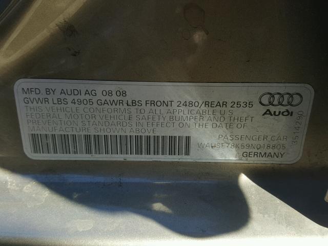 WAUSF78K59N018805 - 2009 AUDI A4 PREMIUM GRAY photo 10