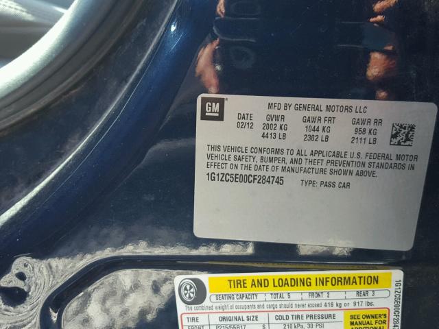 1G1ZC5E00CF284745 - 2012 CHEVROLET MALIBU 1LT BLUE photo 10