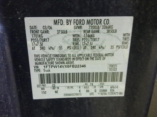 1FTPW14VX6FB22346 - 2006 FORD F150 SUPER BLUE photo 10