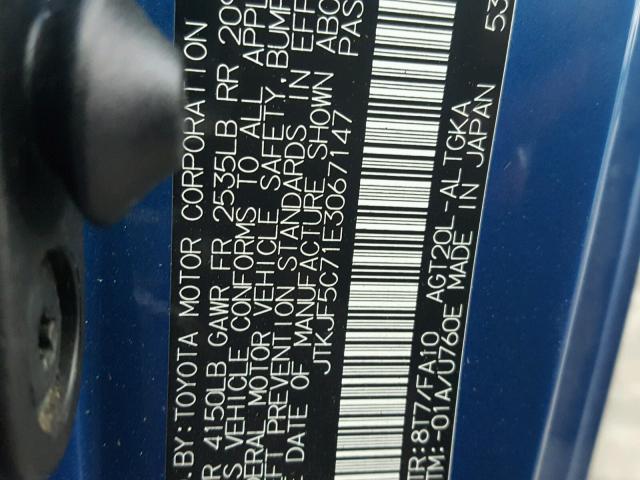 JTKJF5C71E3067147 - 2014 TOYOTA SCION TC 蓝色 照片 10