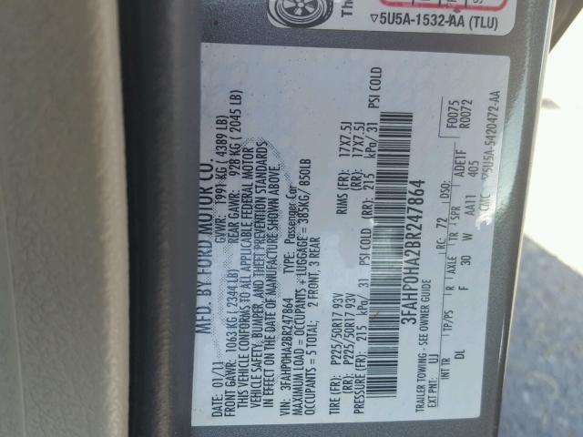 3FAHP0HA2BR247864 - 2011 FORD FUSION SE CHARCOAL photo 10