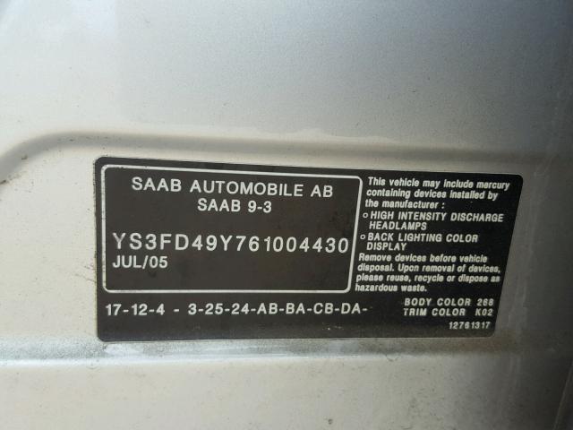 YS3FD49Y761004430 - 2006 SAAB 9-3 BASE SILVER photo 10