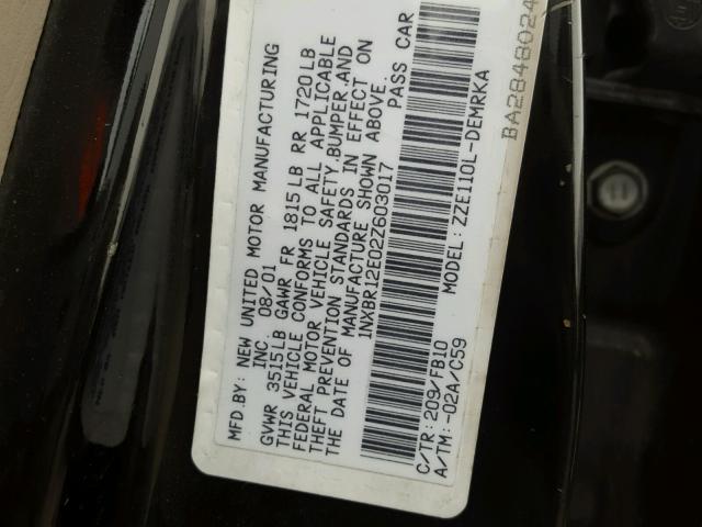 1NXBR12E02Z603017 - 2002 TOYOTA COROLLA CE BLACK photo 10