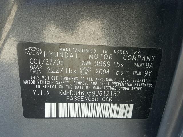 KMHDU46D59U612137 - 2009 HYUNDAI ELANTRA GL GRAY photo 10