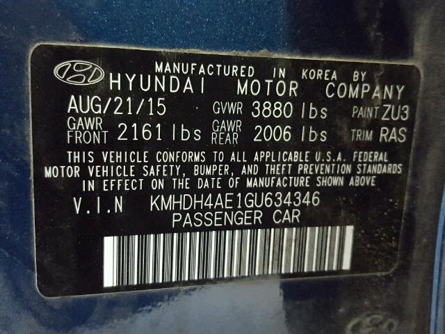 KMHDH4AE1GU634346 - 2016 HYUNDAI ELANTRA SE BLUE photo 10