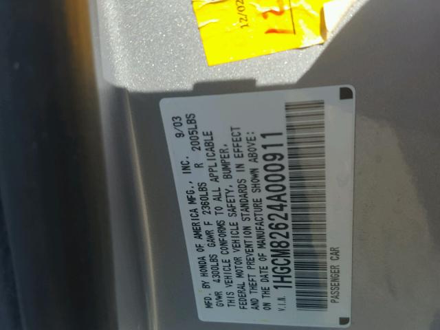 1HGCM82624A000911 - 2004 HONDA ACCORD EX SILVER photo 10