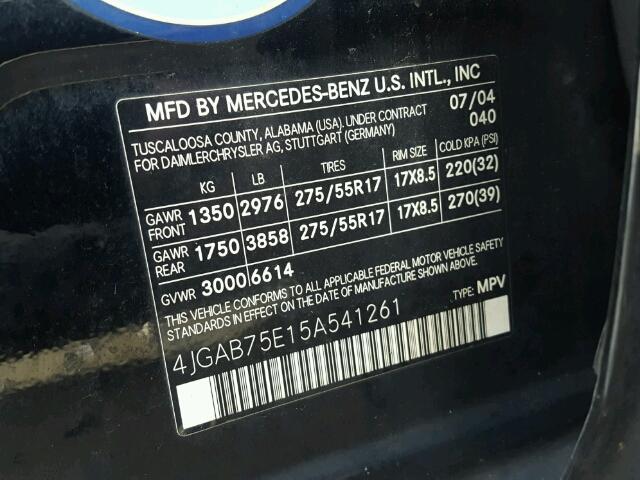 4JGAB75E15A541261 - 2005 MERCEDES-BENZ ML 500 BLACK photo 10