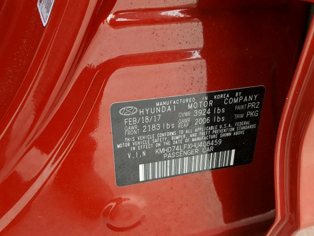 KMHD74LFXHU408459 - 2017 HYUNDAI ELANTRA SE RED photo 10