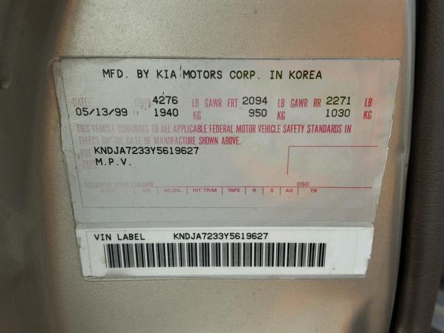 KNDJA7233Y5619627 - 2000 KIA SPORTAGE SILVER photo 10