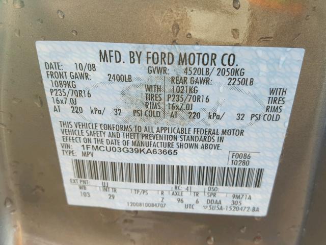 1FMCU03G39KA63665 - 2009 FORD ESCAPE XLT GRAY photo 10