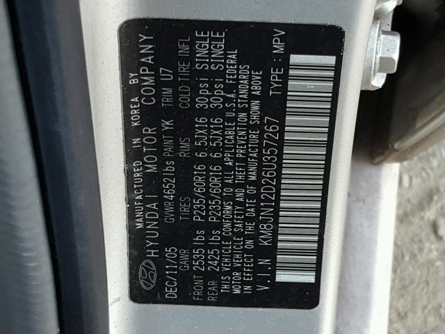 KM8JN12D26U357267 - 2006 HYUNDAI TUCSON GLS SILVER photo 10