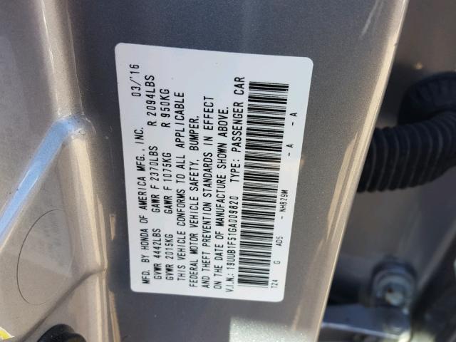 19UUB1F51GA009820 - 2016 ACURA TLX TECH ვერცხლისფერი ფოტო 10